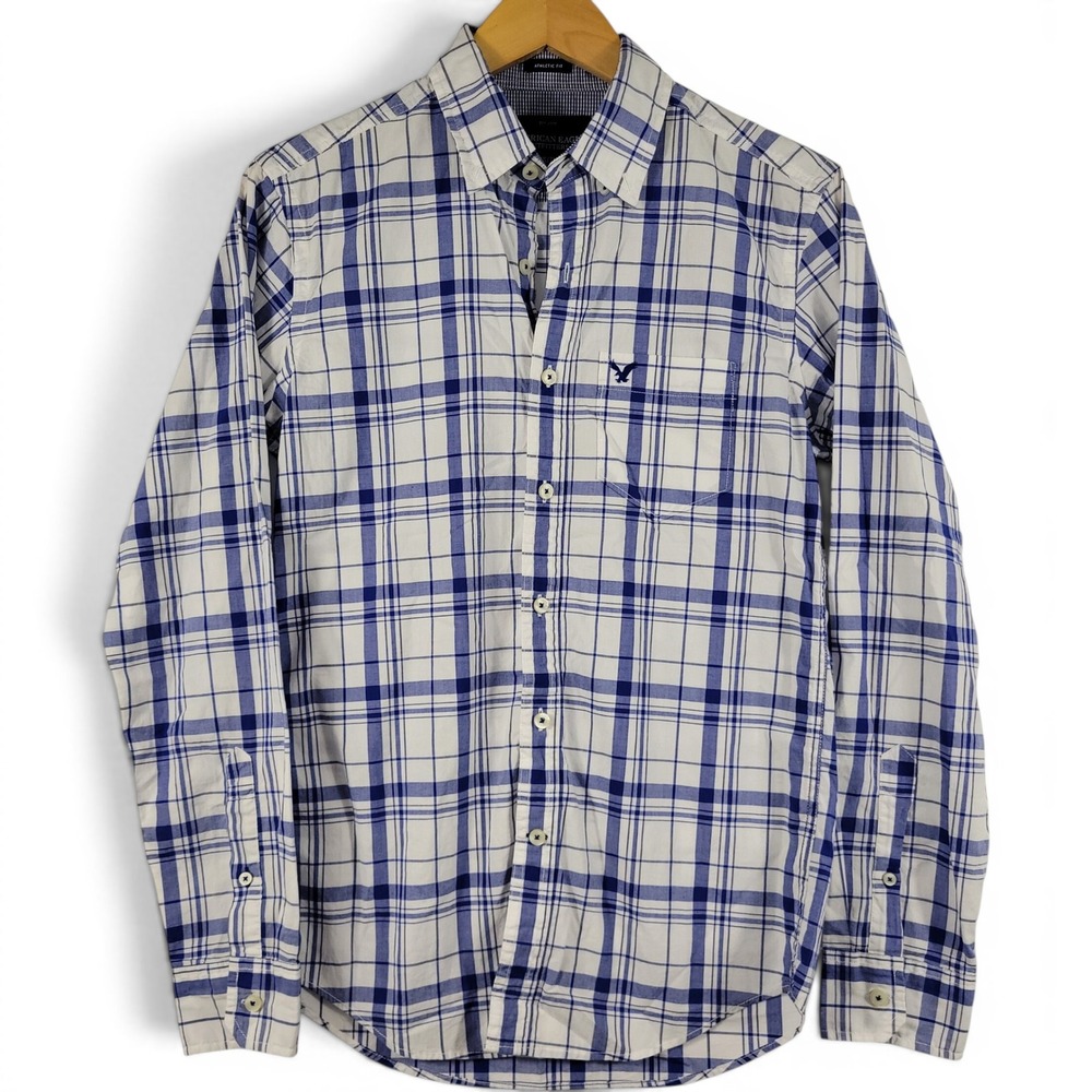 New American Eagle Button Down Shirt Mens XS Blue White Plaid Athletic Fit